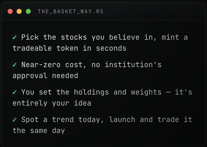 A dark-themed text graphic titled 'THE_BASKET_WAY.RS' listing four features with green checkmarks: 'Pick the stocks you believe in, mint a tradeable token in seconds', 'Near-zero cost, no institution's approval needed', 'You set the holdings and weights — it's entirely your idea', and 'Spot a trend today, launch and trade it the same day'.