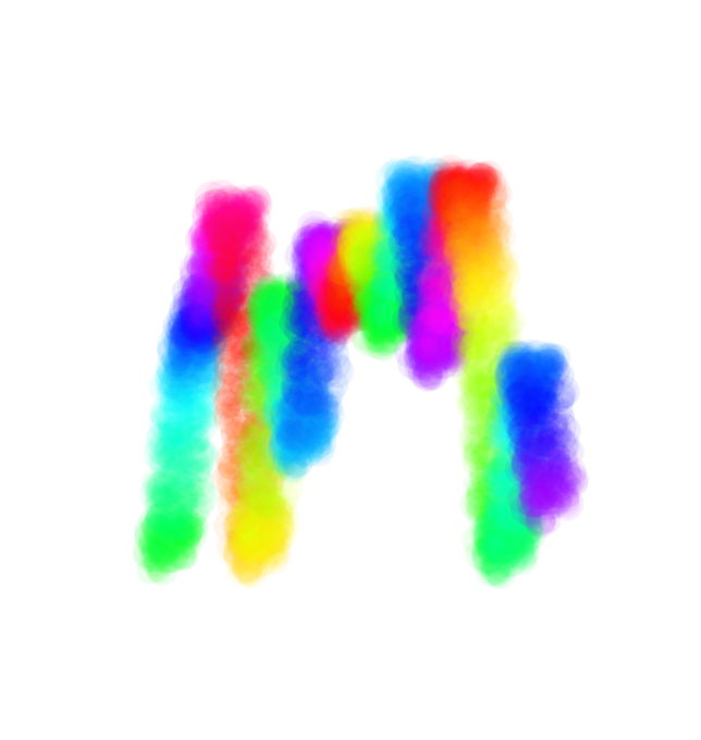 A vibrant, multi-colored letter 'M' rendered in a pixelated, spray-paint style against a white background.
