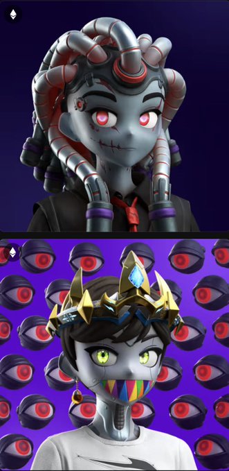 The image features two cartoon-like characters, one wearing a crown with red eyes and the other wearing a crown with blue eyes. The character on the left has a purple dress and a red tie, while the character on the right has a black suit and a red tie. Both characters are wearing masks that have red eyes. The background of the image is a dark purple color, which contrasts with the lighter colors of the characters' outfits. In the bottom right corner of the image, there's a text that reads "Sell these grail clonex to sweep the dogs?".