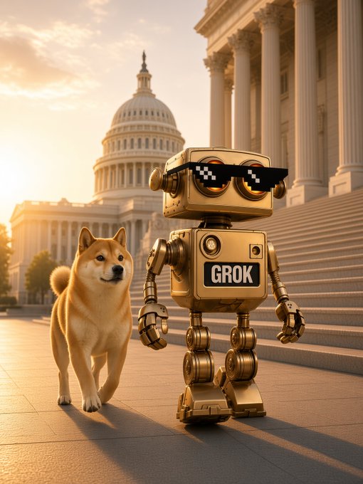 A golden robot labeled 'GROK' wearing pixelated sunglasses stands next to a Shiba Inu dog in front of a classical building with columns and a domed capitol.