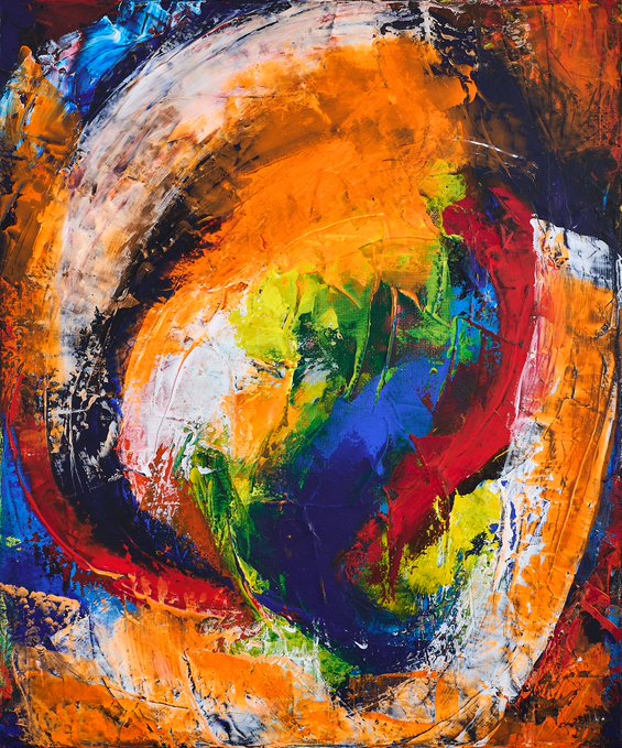 A vibrant abstract acrylic painting featuring bold swirls of orange, blue, red, yellow, and green paint in a circular composition, titled "Senseless Obsession," with accompanying text noting its 20x24 canvas dimensions, 2026 creation date, edition 6/6, and tokenization details on objkt.com.