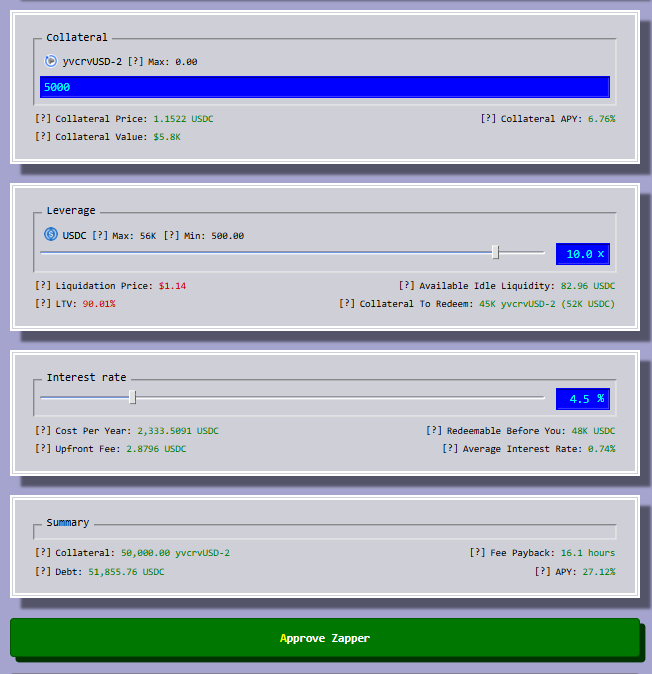 Cryptocurrency DeFi interface showing collateral and leverage settings for yvcrvUSD-2 with a 10x leverage, displaying an 'Approve Zapper' button at the bottom.
