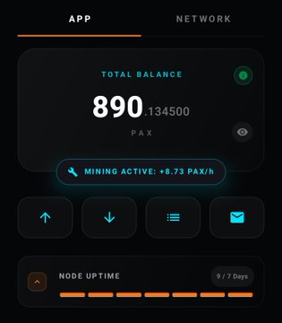 A dark-themed app interface showing a "TOTAL BALANCE" of 890.134500 PAX with "MINING ACTIVE: +8.73 PAX/h" and a "NODE UPTIME" indicator reading 6/7 Days.