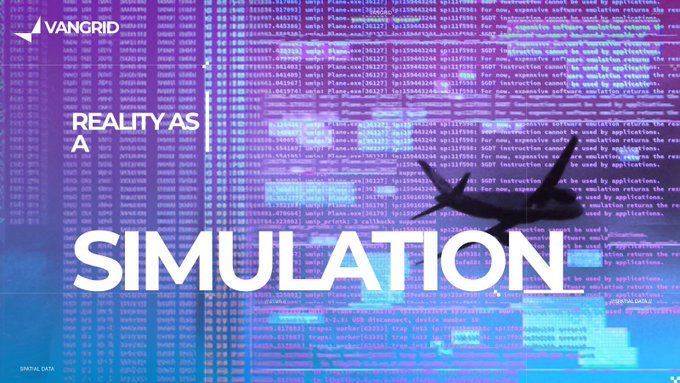 A purple and blue graphic titled 'REALITY AS A SIMULATION' by VANGRID displays code over a digital silhouette of a person's face.