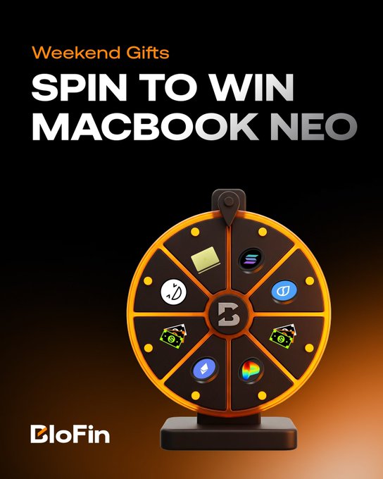 The image features a spinning wheel, which appears to be a game or a prize wheel. The wheel has various tokens attached to it, each representing different rewards or prizes. The text on the image reads "Weekend Gifts Spin To Win MacBook Neo", indicating that there is an event where people spin a wheel and win a MacBook. The post also mentions that this event takes place until June 1st, which suggests that the prize for winning the spinning wheel is a MacBook.