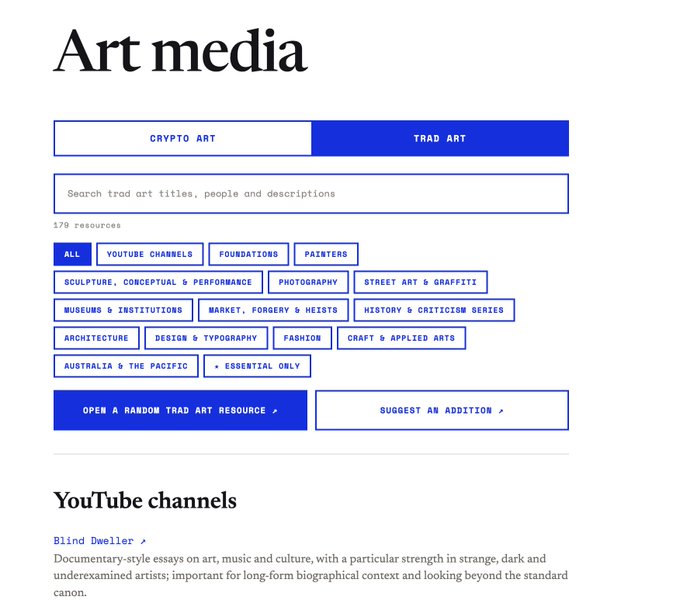 Screenshot of a website titled 'Art media' showing a resource directory with tabs for 'CRYPTO ART' and 'TRAD ART', along with category filters like 'YOUTUBE CHANNELS', 'FOUNDATIONS', and 'PAINTERS'.