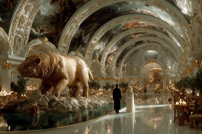 A grand, opulent hall with baroque ceilings and chandeliers, featuring a large stone lion statue beside a pool of water, where a bride and groom are standing.