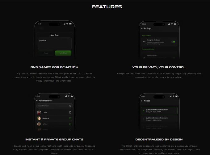 A promotional features page for a chat app showing BNS names for chat IDs, privacy controls, instant & private group chats, and decentralized infrastructure.
