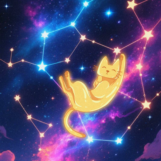 A glowing golden cat floats blissfully among a constellation of stars set against a vibrant purple and blue cosmic backdrop. The cat imagery ties to the post's "cat still gives gold" reference, symbolizing the ongoing value and profit potential of the token despite traders exiting with gains.