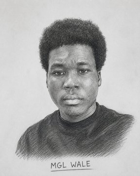 A pencil sketch portrait of a young man with an afro, with the text 'MGL WALE' written at the bottom.