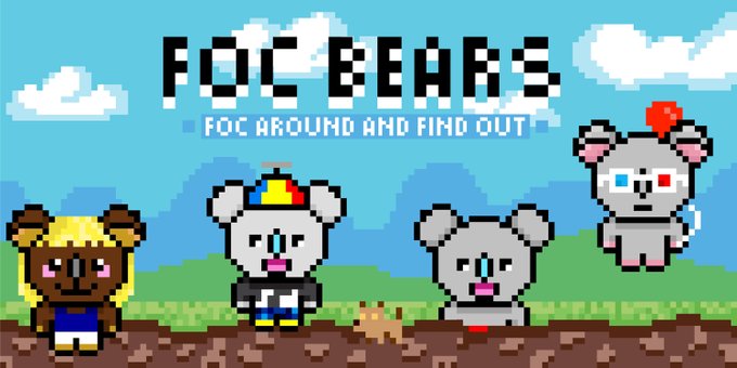 Pixel art illustration featuring four characters including a bear, a mouse, and a figure with a heart, set against a blue sky background with the title 'FOC BEARS: FOC AROUND AND FIND OUT'.