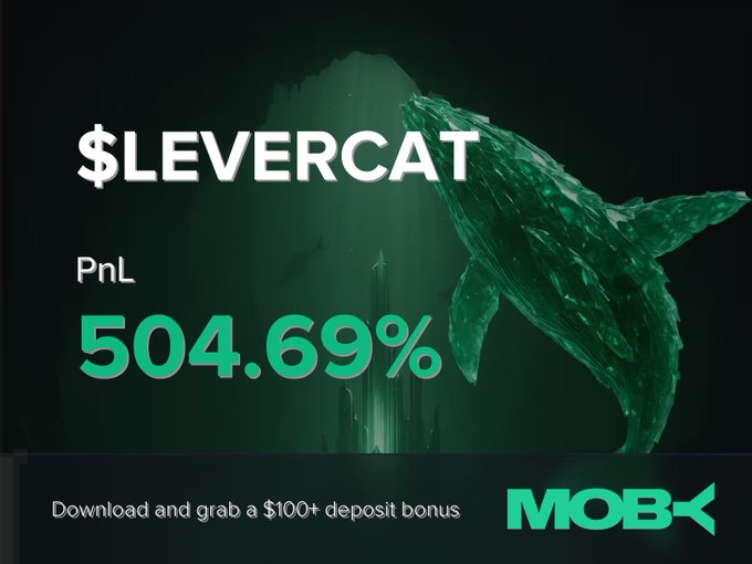A promotional graphic for '$LEVERCAT' showing a 'PnL' of '504.69%' with an underwater whale image, and text 'Download and grab a $100+ deposit bonus' alongside the 'MOBIX' logo.