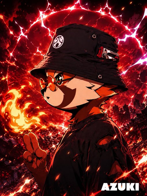 An anime-style illustration of a fox-like character wearing a black bucket hat and sunglasses, holding fire, against a dramatic red lightning background with the text "AZUKI".