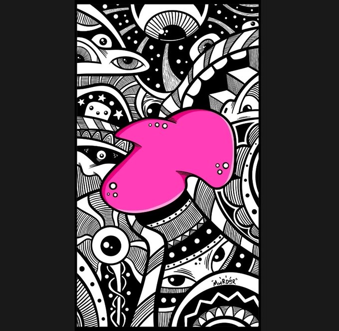 An intricate black-and-white zentangle-style artwork filled with eyes, patterns, and geometric shapes, featuring a bold hot pink cloud-like form in the center, signed 'MurDser' at the bottom right.