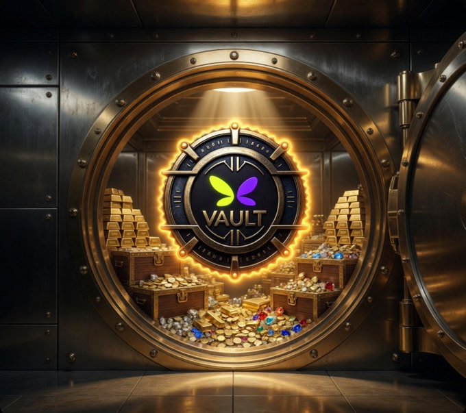 The image features an open vault door with gold bars inside, which are arranged in various sizes and shapes. The vault has a circular window at its center that displays the word "Vault" along with a butterfly logo. The text on the image reads "If you're tired of PVP, if you only have cattle and horses without tech, then come on! Fight alongside us! The Vault #VAULT is a dividend vault/bonus vault token based on ListaDAO, launched on the @flapdotsh platform". This suggests that the vault is designed to hold valuable items such as gold bars or other assets.