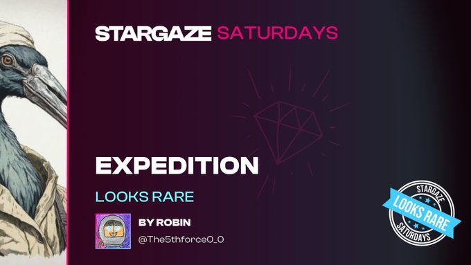 A graphic for 'STARGAZE SATURDAYS' features a Shoebill bird illustration on the left, the title 'EXPEDITION' in the center, and credits 'BY ROBIN @The5thforceO_O' alongside a 'LOOKS RARE' badge.