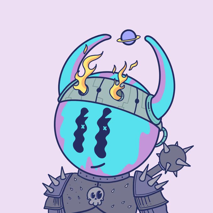 An illustration of a cartoonish character with horns, a spiked helmet with flames, 'X's for eyes with tears, and spiked armor, set against a light purple background with a small ringed planet above.