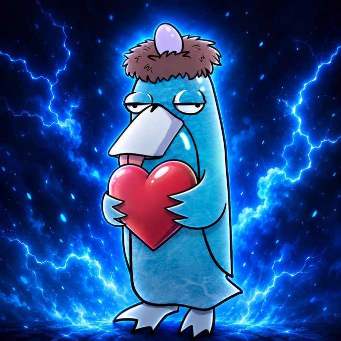 A cartoon illustration of a blue character with a blocky head wearing a furry ushanka hat and holding a glowing red heart, standing against a dramatic blue lightning background.