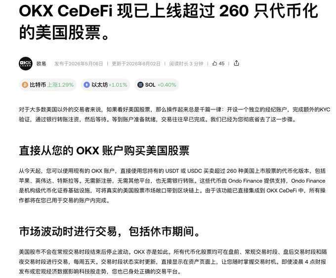 OKX announced the launch of CeDeFi tokenized versions of over 260 U.S. stocks, including Apple, Nvidia, and Tesla, allowing users to buy and sell them using USDT or USDC directly from their existing OKX accounts. The image relates to the accompanying post by showcasing OKX's new stock token offering, exemplifying the intensifying competition among major exchanges in the stock tokenization track.