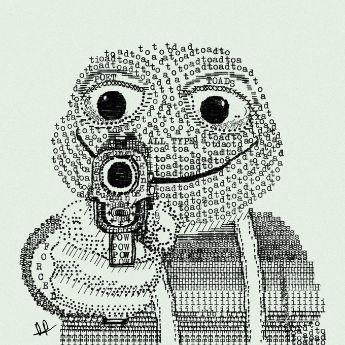 A black and white pointillism-style drawing of a character holding a gun to their head, with their face and head composed of repeated words like 'toad,' 'FUeT,' and 'TOADS.'
