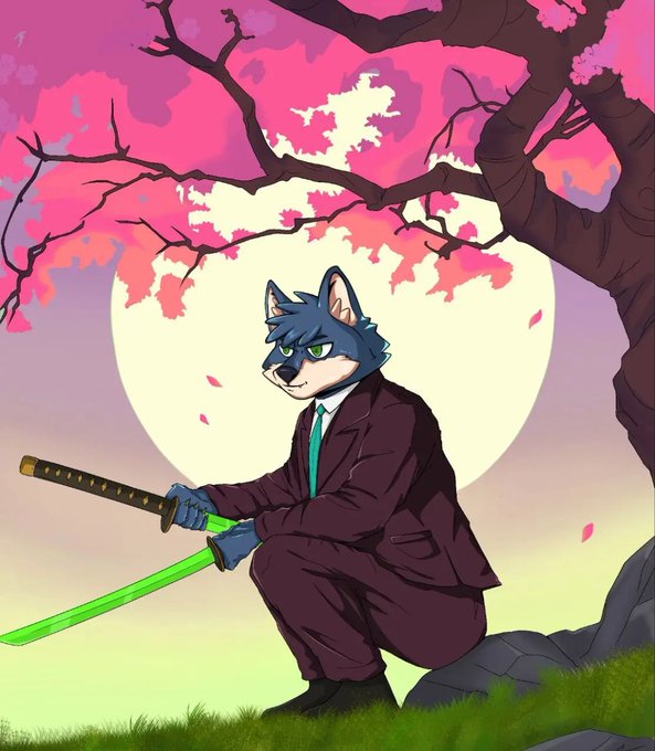 An anthropomorphic blue wolf character in a black suit and green tie crouches while wielding a glowing green katana beneath a pink cherry blossom tree and large moon.