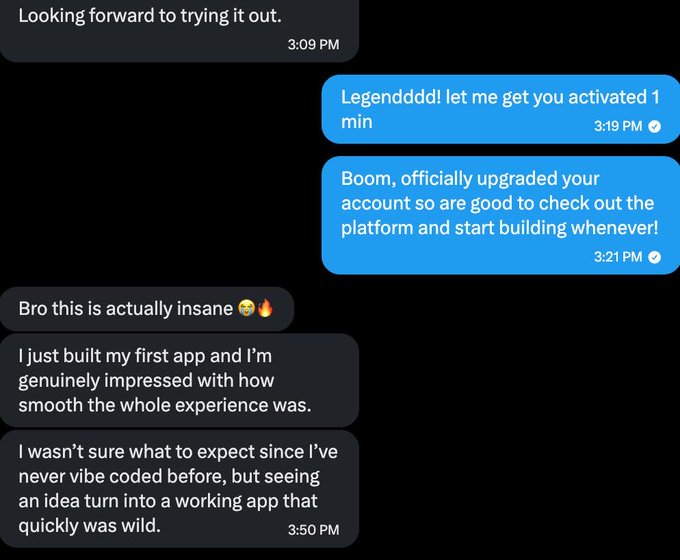 A text message exchange shows a customer receiving an account upgrade and expressing amazement after building their first app on the platform, with timestamps spanning from 3:09 PM to 3:50 PM. The conversation supports the post's claim about $EMBLEM's accessible build experience, highlighting how quickly a beginner turned an idea into a working app.