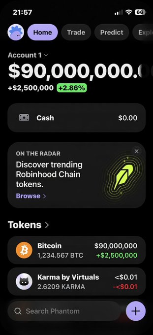 A mobile screenshot of a Phantom crypto wallet showing Account 1 with a $90,000,000 balance (+$2,500,000, +2.86%), holding 1,234.567 BTC ($90,000,000) and 2.6209 Karma by Virtuals (<$0.01).