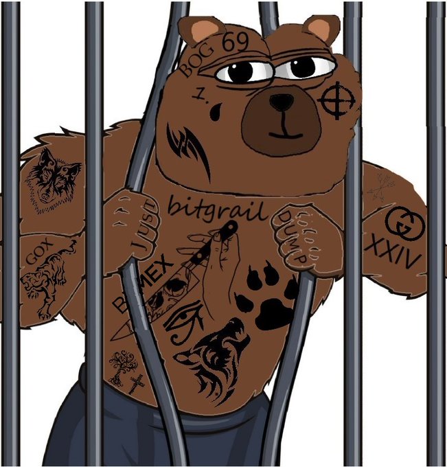 The image features a brown bear with tattoos, including a skull tattoo on its left arm and a cross tattoo on its right arm. The bear is depicted holding onto bars or a cage, possibly as part of an art project or for a humorous effect. The caption "gm camel" suggests that the bear might be related to camels in some way, but it's unclear how this connection fits into the overall theme of the image.