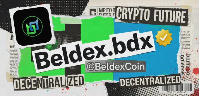 A promotional graphic for Beldex.bdx (@BeldexCoin) featuring a torn-paper collage design with the words 'CRYPTO FUTURE', 'DECENTRALIZED', and a blue and green color scheme.
