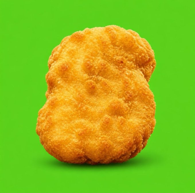 A close-up photograph of a golden-brown breaded fried chicken nugget against a bright green screen background.