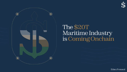 A promotional graphic with a navy blue background featuring a ship's porthole containing an anchor, alongside the text 'The $20T Maritime Industry is Coming Onchain' and a small dollar sign icon, labeled 'Ethena Protocol'.