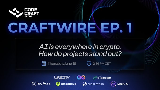 The image features a poster for an event called "Craftwire Episode 1" that was posted on social media platforms like Twitter, Facebook, and Instagram. The poster includes information about the event's date, time, and speakers who will be presenting at the event. There are also logos of various companies associated with the event, such as @unicity, @amadeusprotocol, and others.