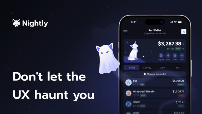 An advertisement for the 'Nightly' wallet featuring a ghost mascot and the tagline 'Don't let the UX haunt you', showing a mobile interface for 'Sui Wallet' displaying a balance of $3,287.38 and tokens like SUI and USDC.
