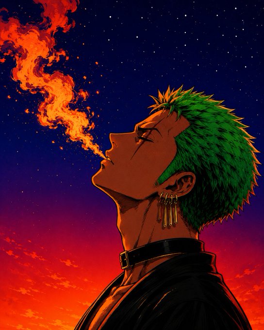 An anime-style illustration depicts a character with green hair exhaling a stream of orange flame against a starry night sky and fiery red horizon.