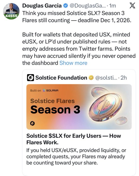 An X (Twitter) post by Douglas Garcia promoting 'Solstice SLX' and 'Solstice Flares Season 3' on Solana, with a deadline of Dec 1, 2026.