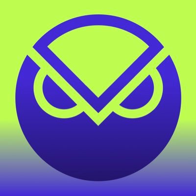 A digital logo featuring a blue geometric design with overlapping circular shapes and a downward-pointing chevron on a gradient yellow-green and purple background.