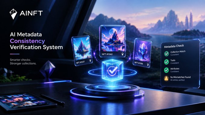A promotional graphic for 'AINFT' showcasing an 'AI Metadata Consistency Verification System' with the tagline 'Smarter checks. Stronger collections.' and floating NFT cards on a sci-fi platform.