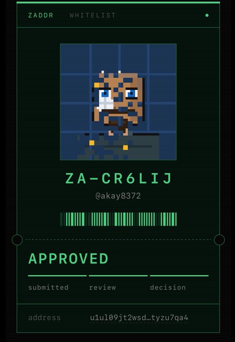 A pixel art profile card displaying the username 'ZA-CR6L1J' (@akay8372) with a cheetah character avatar, showing an 'APPROVED' status for 'ZADDR WHITELIST' with barcodes and an Ethereum-style address.