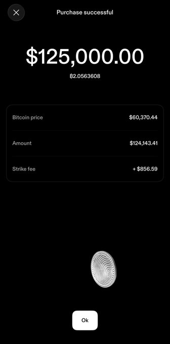 A screenshot of a "Purchase successful" confirmation showing $125,000.00 (2.0563608 BTC) bought at a Bitcoin price of $60,370.44, with a strike fee of $856.59—visually celebrating the accumulation of two more BTC as part of a steady, long-term "brick by brick" investment strategy.
