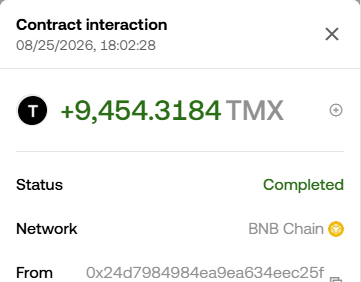 A transaction confirmation screen showing a completed contract interaction for +9,454.3184 TMX on the BNB Chain.
