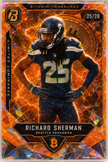 A Richard Sherman "Limited Luminance" football trading card numbered 25/28 from the Bitcoin Treasures series, featuring the Seattle Seahawks player in his #25 jersey against a glowing orange Bitcoin-themed background. The post humorously highlights the card's "25" jersey number and serial count (25/28) as a countdown to Bitcoin's supply cap, tying Sherman's number to the remaining 25 days until all 21 million $BTC are mined.