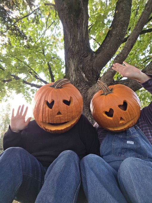 Two people sit under a tree wearing carved jack-o'-lantern pumpkin masks with heart-shaped eyes, waving their hands.