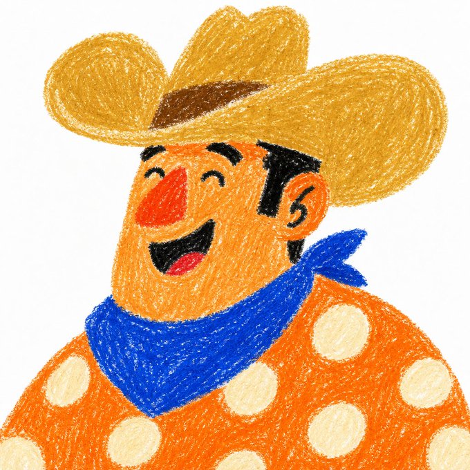 A child's crayon drawing of a smiling cowboy with an orange face, yellow cowboy hat, blue bandana, and orange polka-dot shirt.