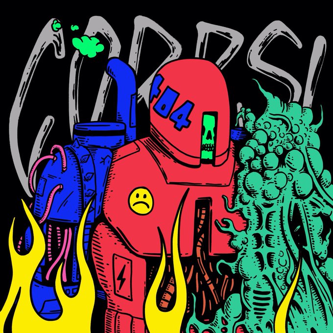 A bold, cartoon-style illustration features a red hazmat-suited figure labeled "784" with a sad face patch and a skull on its visor, standing amid blue machinery, green bubbling sludge, and yellow flames, with the word "GLOOMY" stylized across the top—matching the dark, toxic "GM from Digi_H3ll!!" vibe.