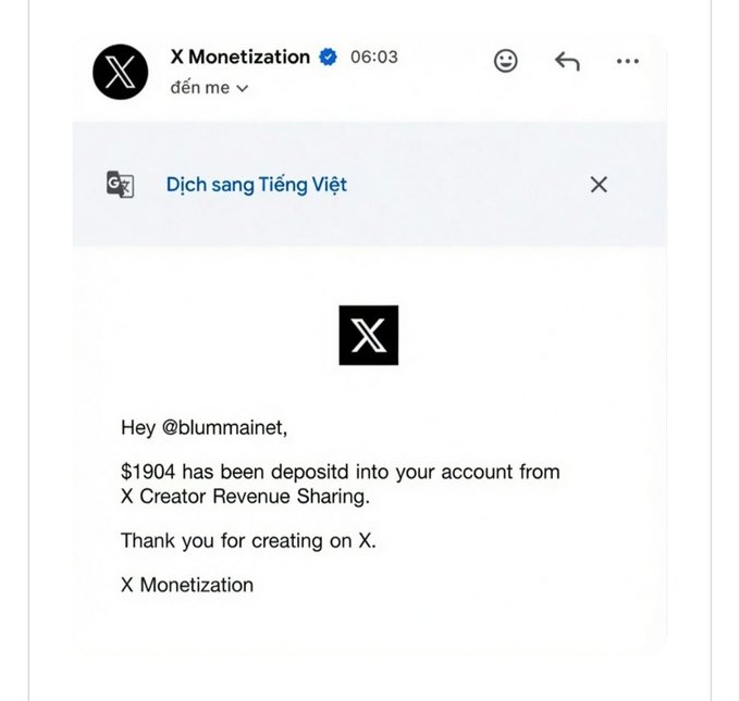 Screenshot of an X (Twitter) notification from X Monetization addressed to @blummainet, stating that $1904 has been deposited into their account from X Creator Revenue Sharing.