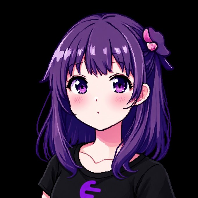 An anime-style illustration of a girl with long purple hair, large purple eyes, blushing cheeks, and a pink flower hair accessory, wearing a black t-shirt featuring a purple 'C' or partial logo.