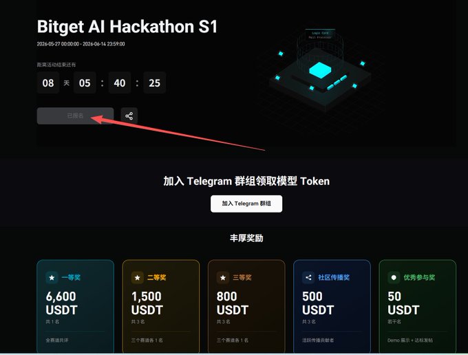 The image is an screenshot of a computer screen displaying a program named Bitget AIHackathon, which appears to be related to cryptocurrency trading or blockchain technology. The program has been highlighted in red within the text box, indicating that it's the main focus of the image. Additionally, there are two arrows pointing towards specific parts of the page, further emphasizing its relevance and purpose. In the background, the title "Bitget AIHackathon" is written down with a date of 03/26/2016 at around 11:55 AM.