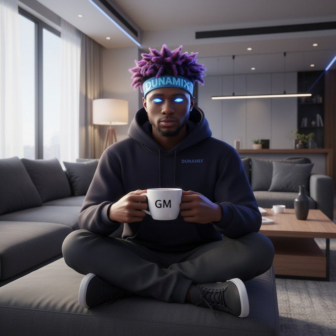 An AI-generated image of a young man with glowing blue eyes and purple hair, wearing a headband and hoodie, sitting cross-legged on a couch holding a mug labeled 'GM'.