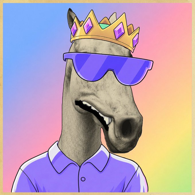 A colorful cartoon-style illustration of a horse wearing purple sunglasses and a gold jeweled crown, dressed in a purple collared shirt against a pastel rainbow gradient background.