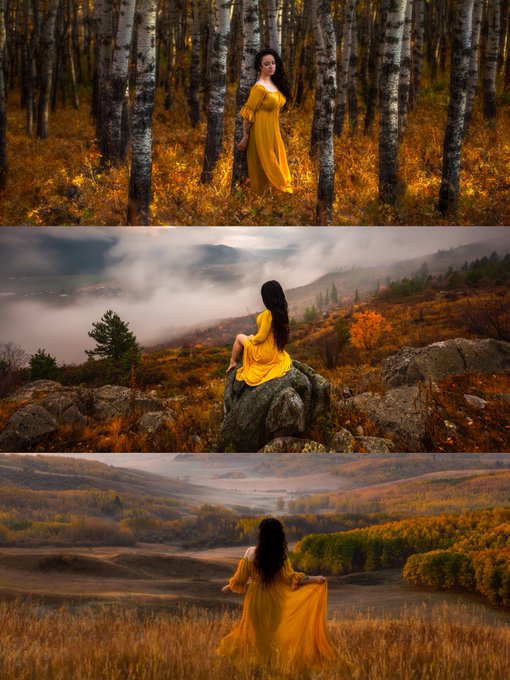 A three-panel composite image shows a woman with long dark hair in a flowing yellow dress posing in different autumn landscapes: standing among birch trees, sitting on a rock overlooking a misty valley, and standing in a field of golden grass.